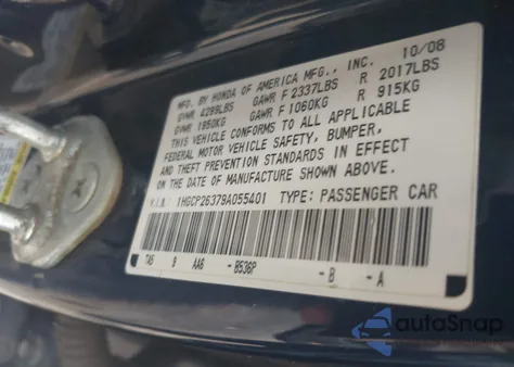 2009 Honda Accord 2.4 Lx from USA, damaged, VIN 1HGCP26379A055401